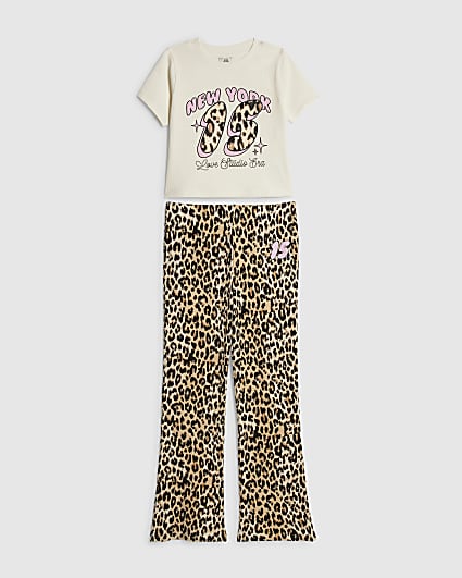 Girls White Leopard Print Flared Trousers Set