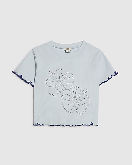 Girls Blue Hotfix Flower Lettuce Hem T-Shirt