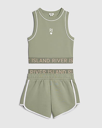 Girls Khaki RI Waistband Tank and Shorts Set