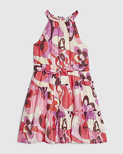 Girls Pink Satin Halter Neck Dress