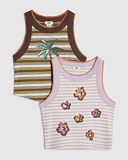 Girls Green Stripe Sequin Tank Top 2 Pack