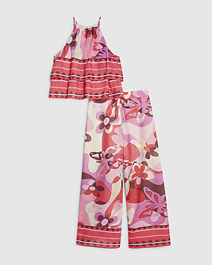 Girls Pink Floral Print Halter Neck Top Set