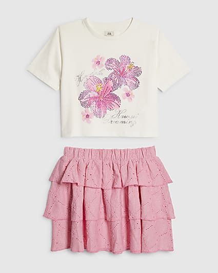 Girls Pink Floral Sequin T-Shirt & Skirt Set