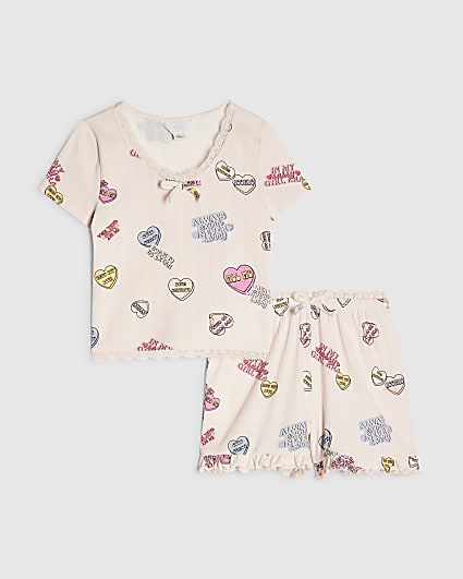 Girls Pink Love Heart Pointelle Pyjamas Set