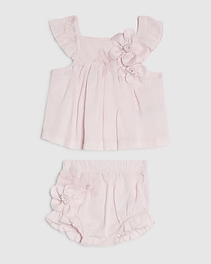 Baby Girls Pink Smock 3D Flower Top Set