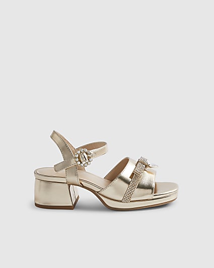 Girls Gold Diamante Bow Strappy Heels