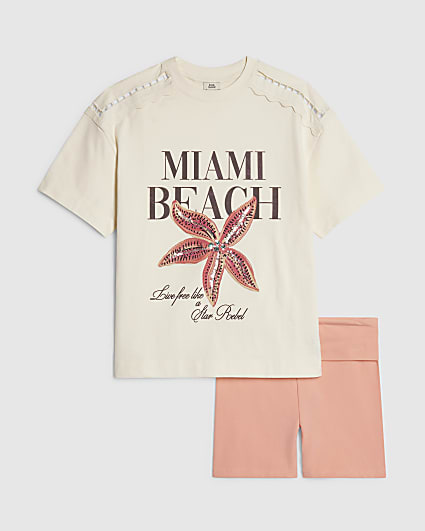 Girls White Sequin Miami Beach T-Shirt Set