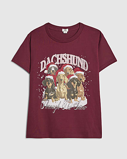 Girls Burgundy Dachshund Snow Xmas T-Shirt