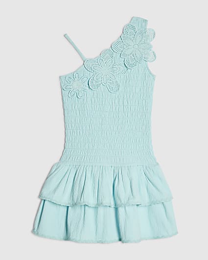 Girls Blue Asymmetric Crochet Flower Dress