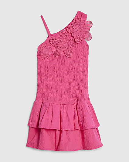 Girls Pink Asymmetric Crochet Flower Dress
