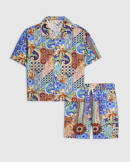 Boys Blue Printed Shirt & Shorts Set