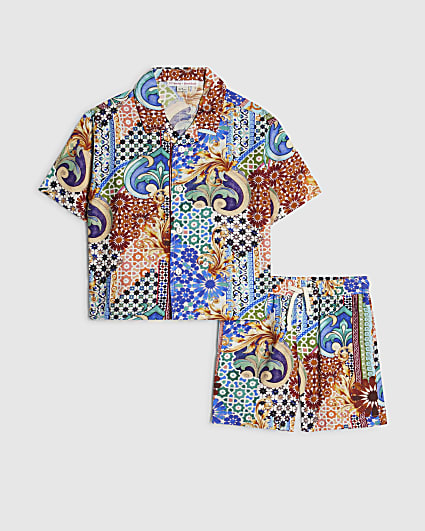 Mini Boys Blue Printed Shirt & Shorts Set