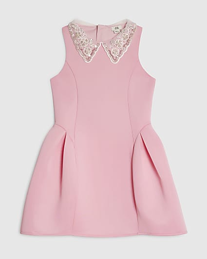 Girls Pink Embellished Collar Dress