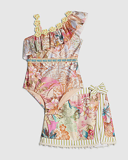 Mini Girls Orange Floral Swimsuit & Skirt Set