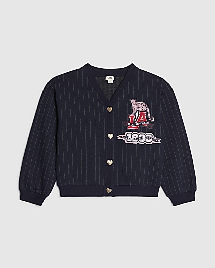 Girls Navy Stripe Badge Cardigan