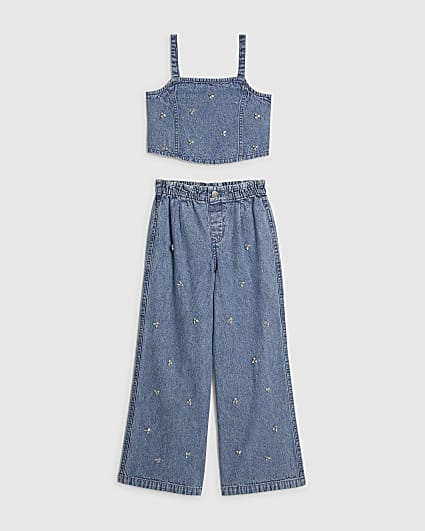 Girls Embellished Denim Jeans Set