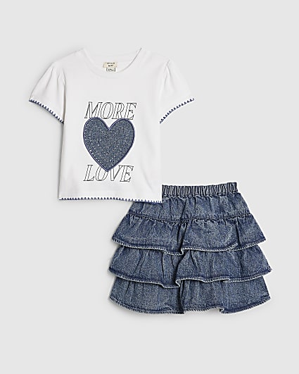 Mini Girls Heart T-Shirt & Denim Skirt Set