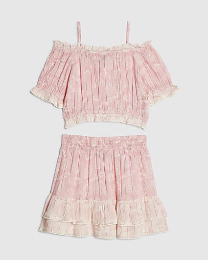 Girls Pink Shell Print Bardot Top & Skirt Set