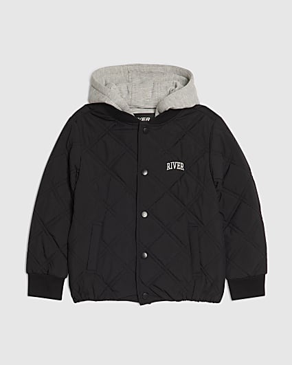 Boys Black Quilted RI Hooded Bomber Jacket