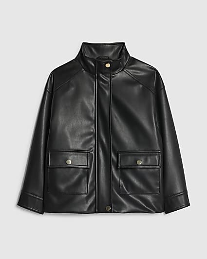 Girls Black Faux Leather Funnel Bomber Jacket