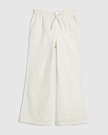 Girls White Drawstring Wide Leg Jeans