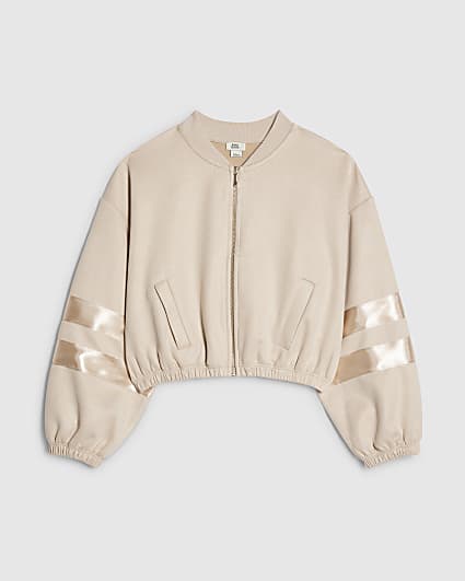 Girls Beige Suede Embellished Bomber Jacket