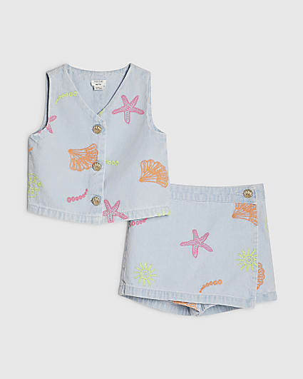 Mini Girls Denim Starfish Waistcoat Set