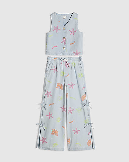 Girls Denim Embroidered Waistcoat Set