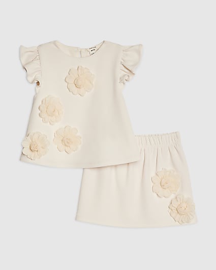 Mini Girls Beige 3D Rosette Skirt Set