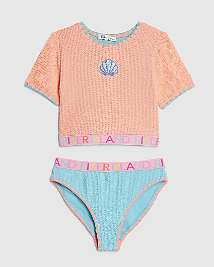 Girls Orange Shell Elastic T-Shirt Bikini