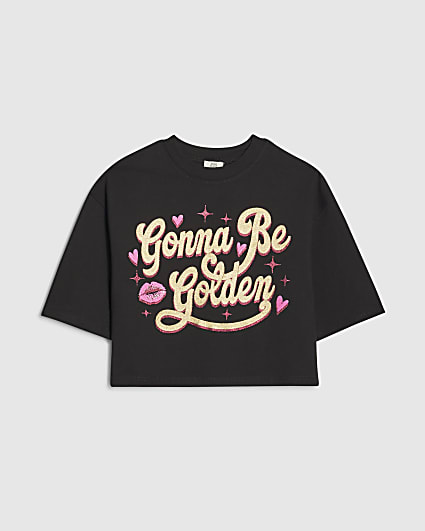 Girls Black Golden Foil Print Crop T-shirt