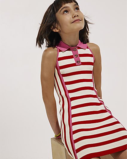 Girls Red Sleeveless Striped Dress