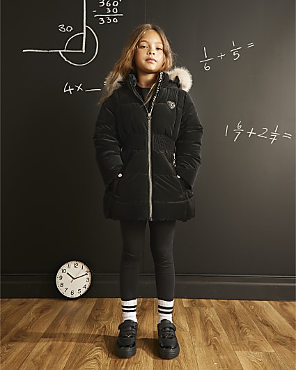 Girls Black Velour Padded Faux Fur Trim Coat