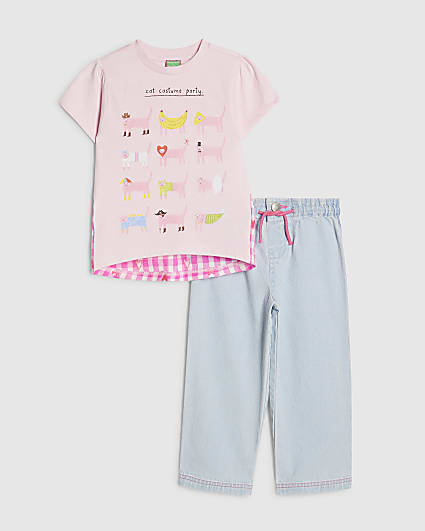 Mini Girl Pink Cat T-Shirt And Jean Set