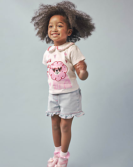 Mini Girls White Collar T-Shirt Denim Set