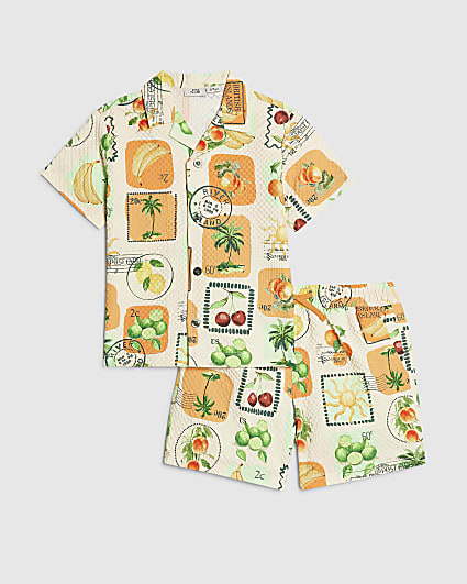 Mini Boys Cream Postcard Print Swim Set