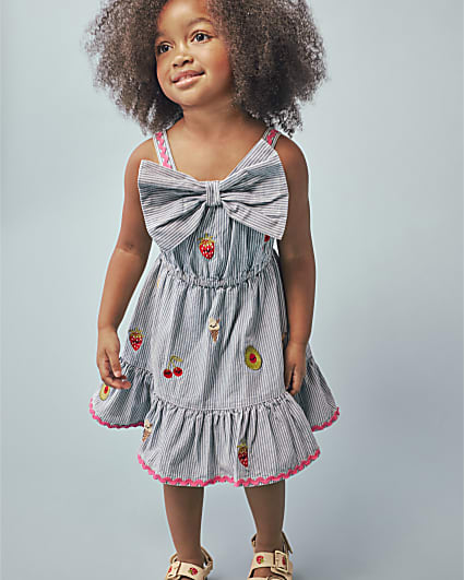 Mini Girls Blue Stripe Embroidered Bow Dress