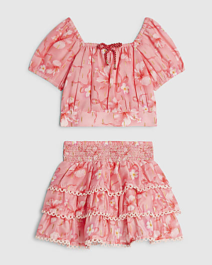 Mini Girls Pink Hibiscus Bow Skirt Set