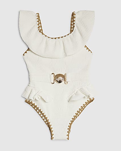 Mini Girls White Shell Textured Belt Swimsuit
