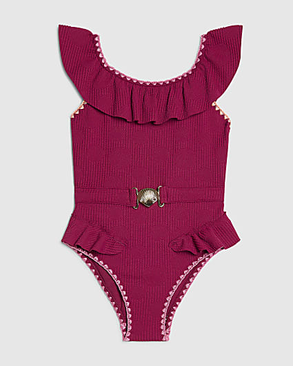 Girls Pink Shell Texture Belt Swimsuit