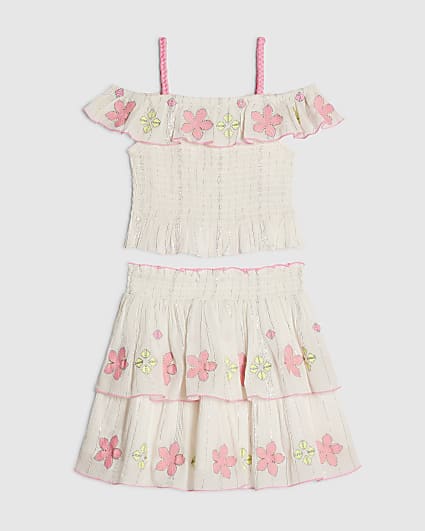Girls Cream Floral Bardot Top & Skirt Set