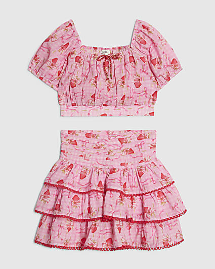 Girls Pink Strawberry Bow Skirt Set