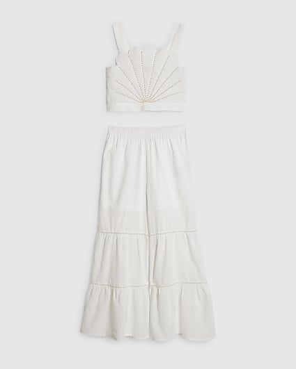 Girls White Pearl Shell Top Trouser Set