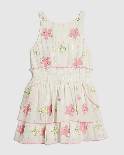 Girls White Floral Embroidered Scallop Dress