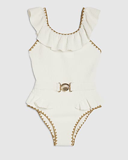 Girls White Shell Textured Belt Swimsuit