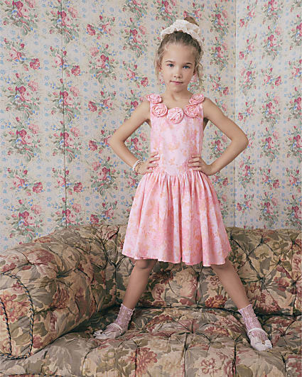 Girls Pink Floral Corsage Cotton Dress
