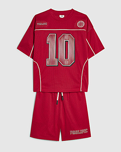 Boys Red Oversized Mesh T-Shirt & Shorts Set