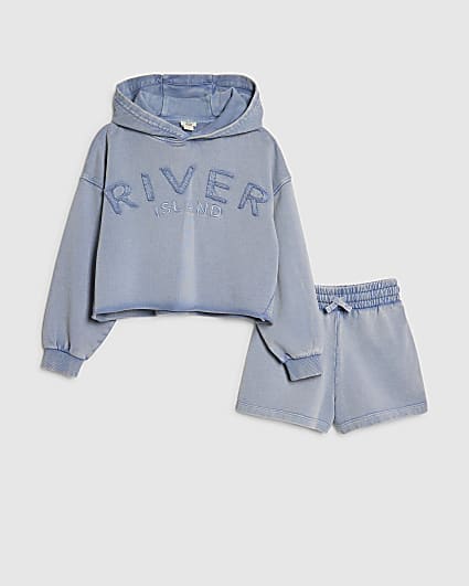 Girls Blue Washed River Hoodie Set