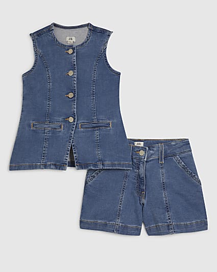 Girls Blue Denim Waistcoat And Shorts Set