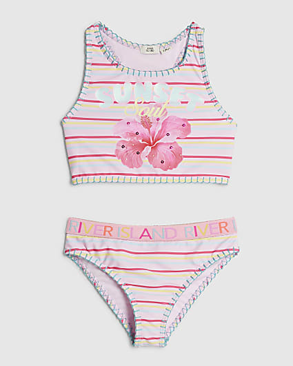 Girls Pink Sunset Printed Stripe Bikini Set
